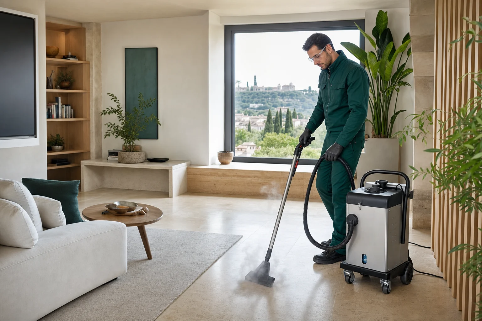 Tecnico durante una sanificazione professionale in un’abitazione
