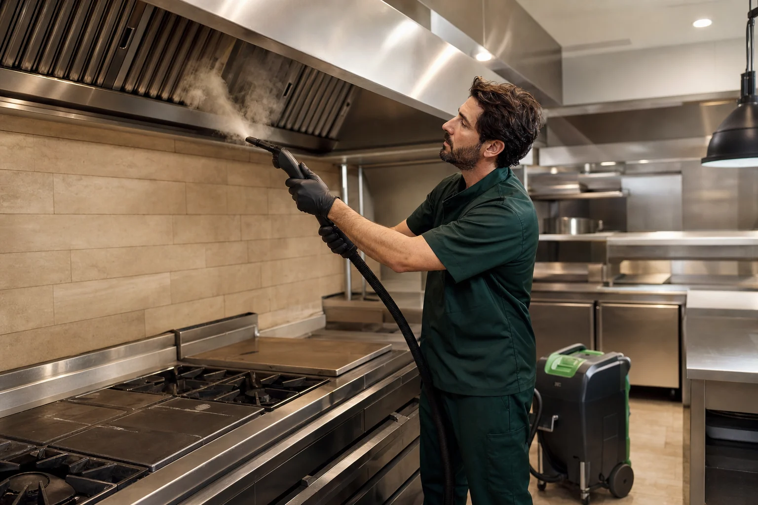 Tecnico che pulisce una cucina professionale con vapore saturo secco